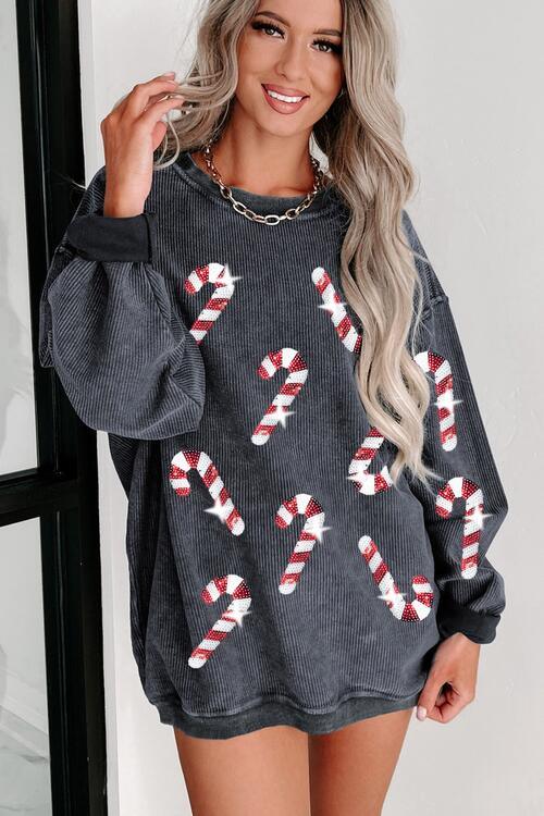 Sequin Candy Cane Round Neck Sweatshirt - Browngold Fashion