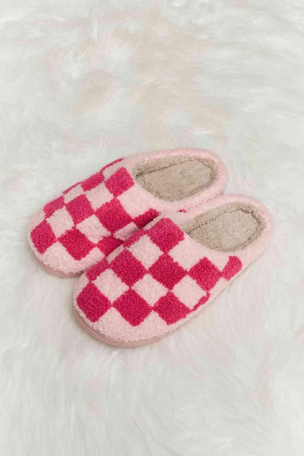 Melody Checkered Print Plush Slide Slippers - Browngold Fashion