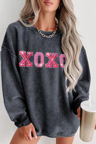 XOXO Round Neck Dropped Shoulder Sweatshirt - Browngold Fashion