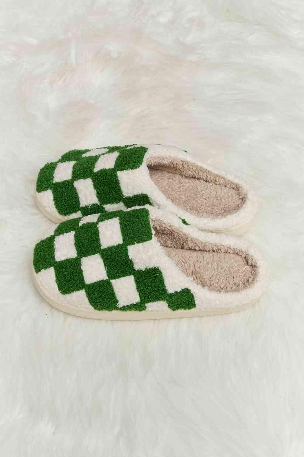 Melody Checkered Print Plush Slide Slippers - Browngold Fashion