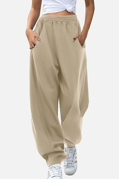 Elastic Waist Sweatpants with Pockets - Browngold Fashion