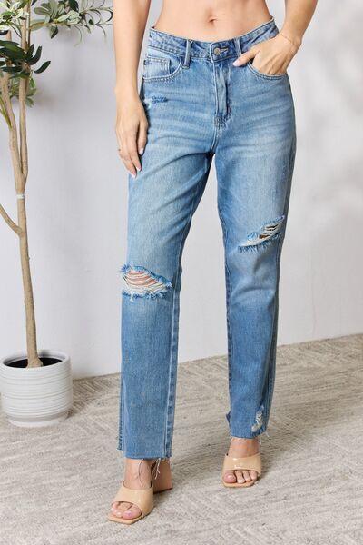 Judy Blue Full Size Distressed Raw Hem Straight Jeans - Browngold Fashion