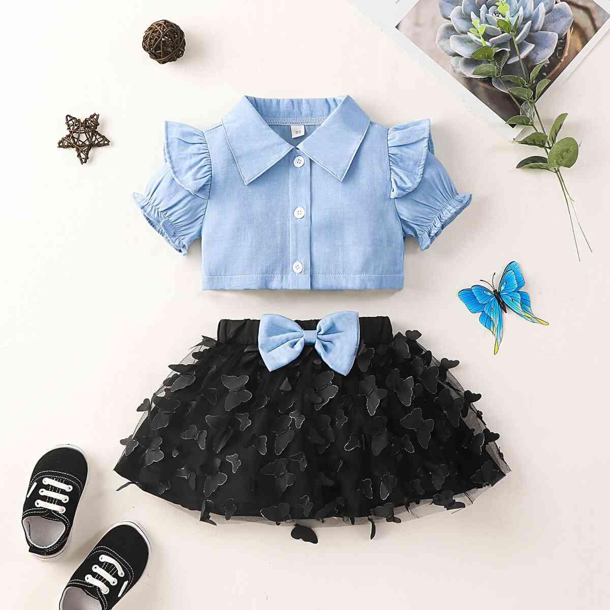 Ruffle Shoulder Shirt and Butterfly Applique Skirt Set - Browngold Fashion