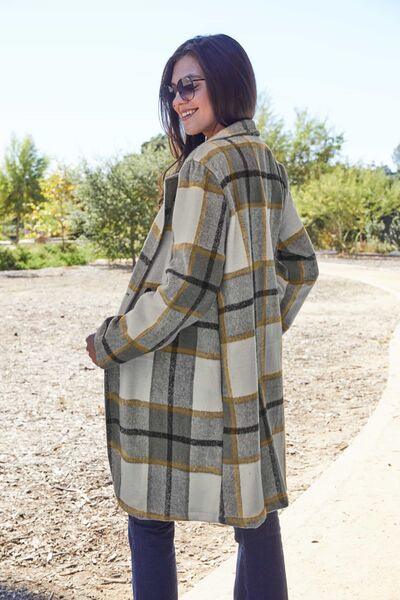 Double Take Full Size Plaid Button Up Lapel Collar Coat - Browngold Fashion