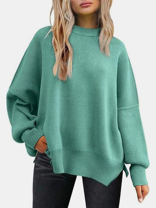 Round Neck Drop Shoulder Slit Sweater - Browngold Fashion