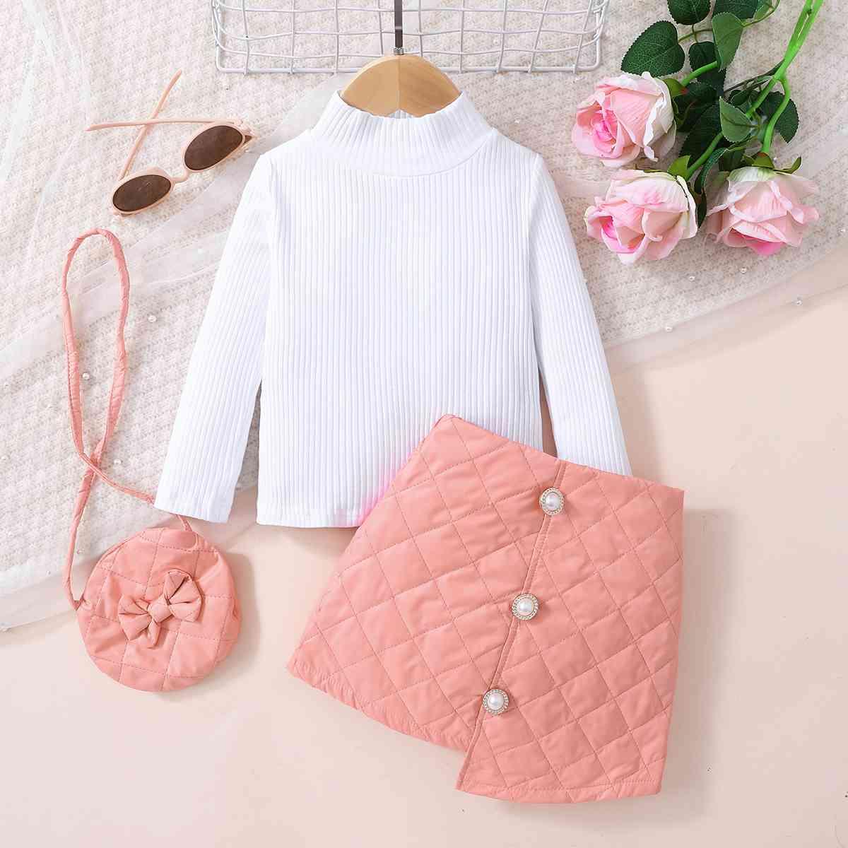 Girls Knit Top and Decorative Button Skirt Set with Bag - Browngold Fashion