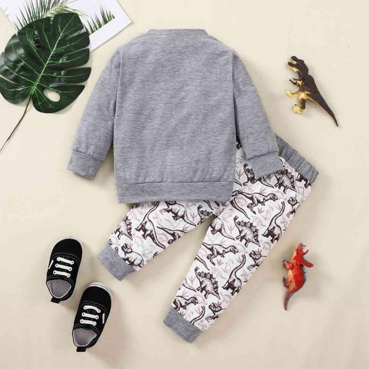 Kids Graphic Sweatshirt and Dinosaur Print Joggers Set - Browngold Fashion