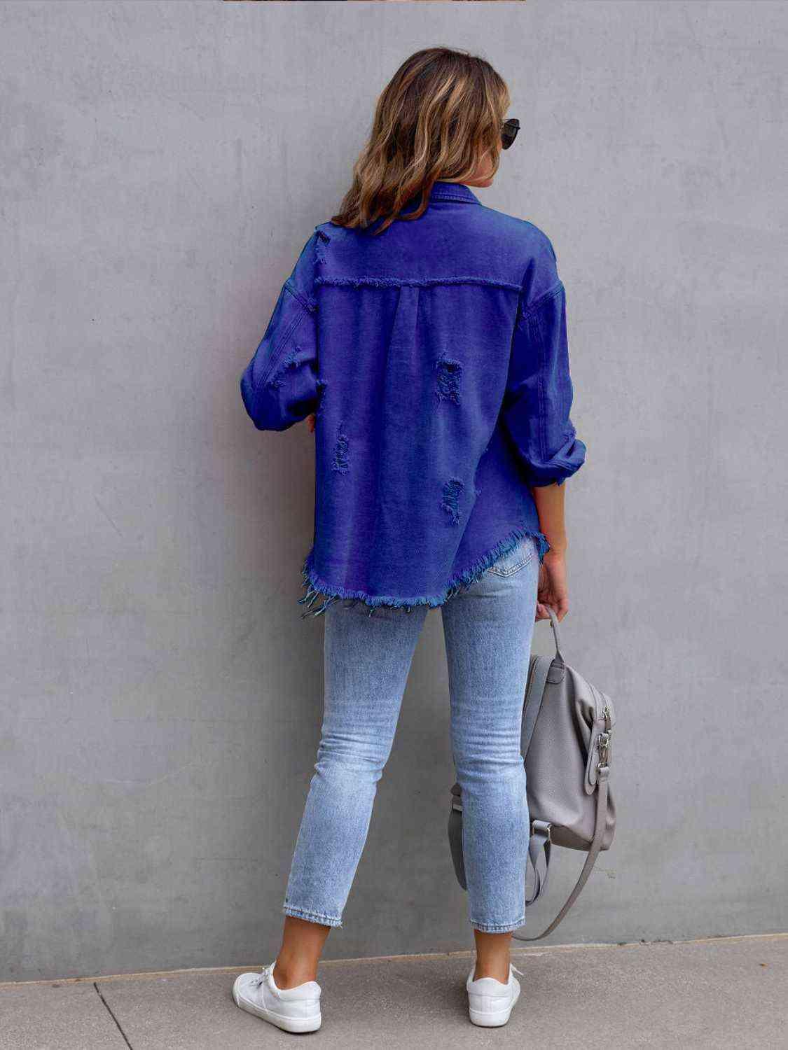 Distressed Drop Shoulder Denim Jacket - Browngold Fashion