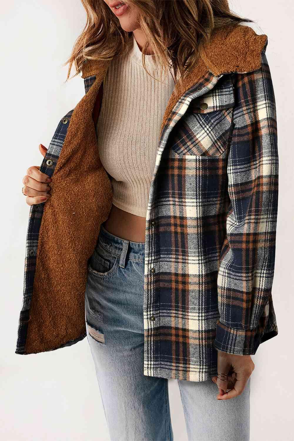 Plaid Snap Down Hooded Jacket - Browngold Fashion