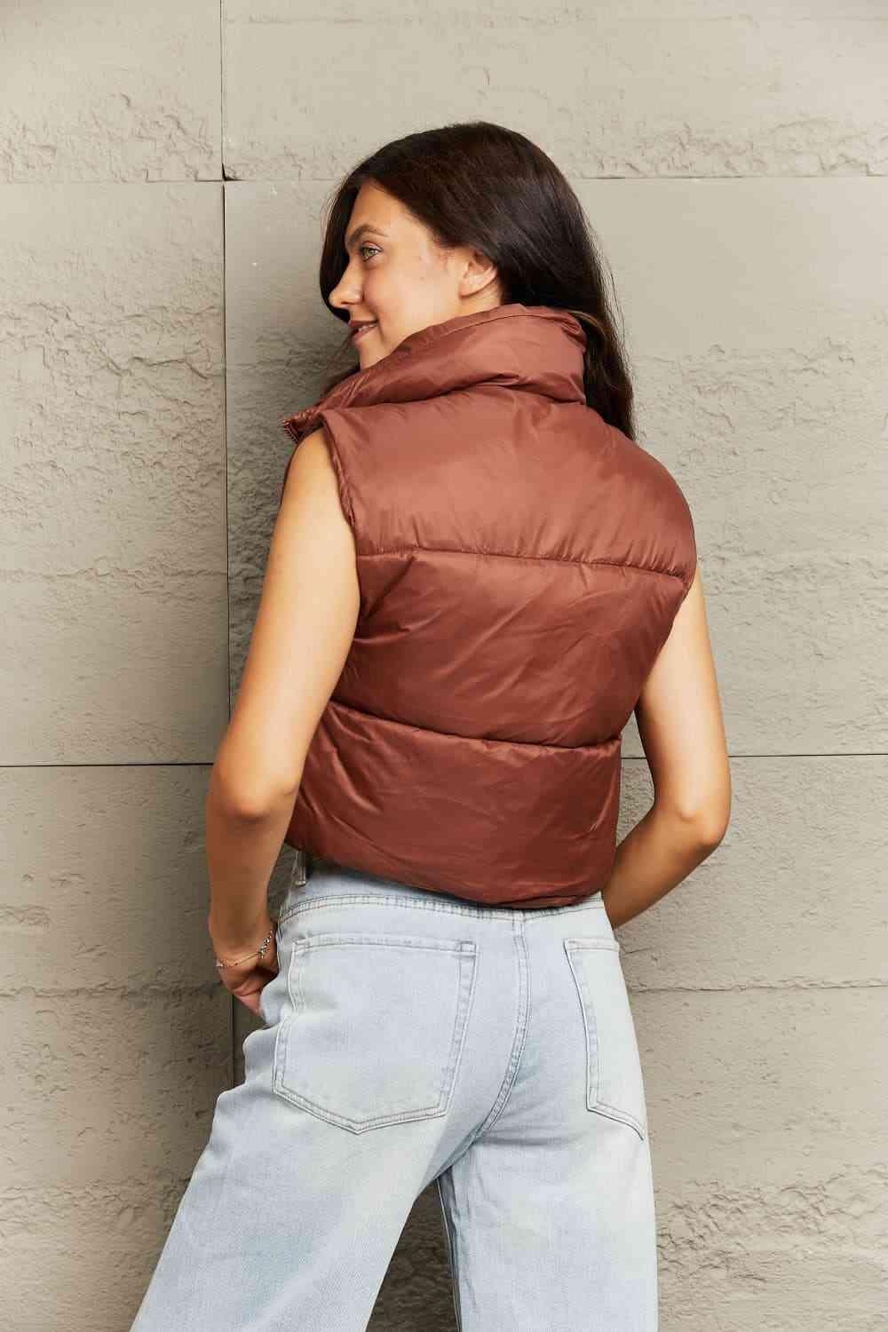 Zip-Up Drawstring Puffer Vest - Browngold Fashion