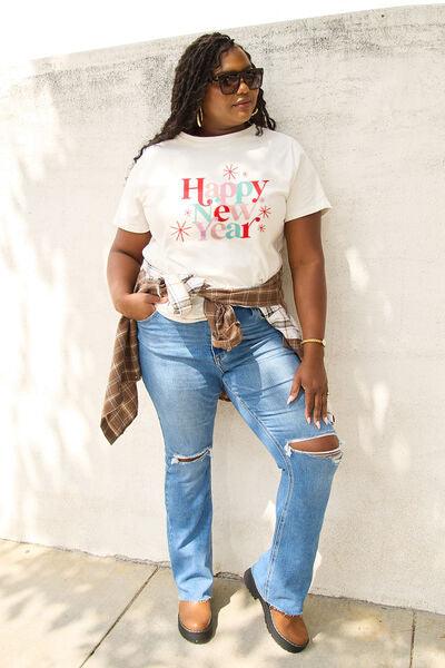 Simply Love Full Size HAPPY NEW YEAR Short Sleeve T-Shirt - Browngold Fashion
