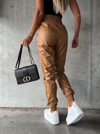 Smocked High Waist Pants with Pockets - Browngold Fashion