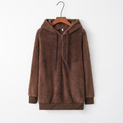 Quarter-Zip Drawstring Teddy Hoodie - Browngold Fashion