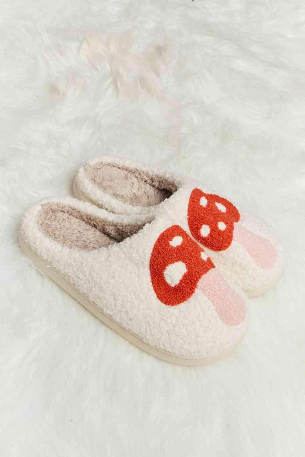 Melody Mushroom Print Plush Slide Slippers - Browngold Fashion