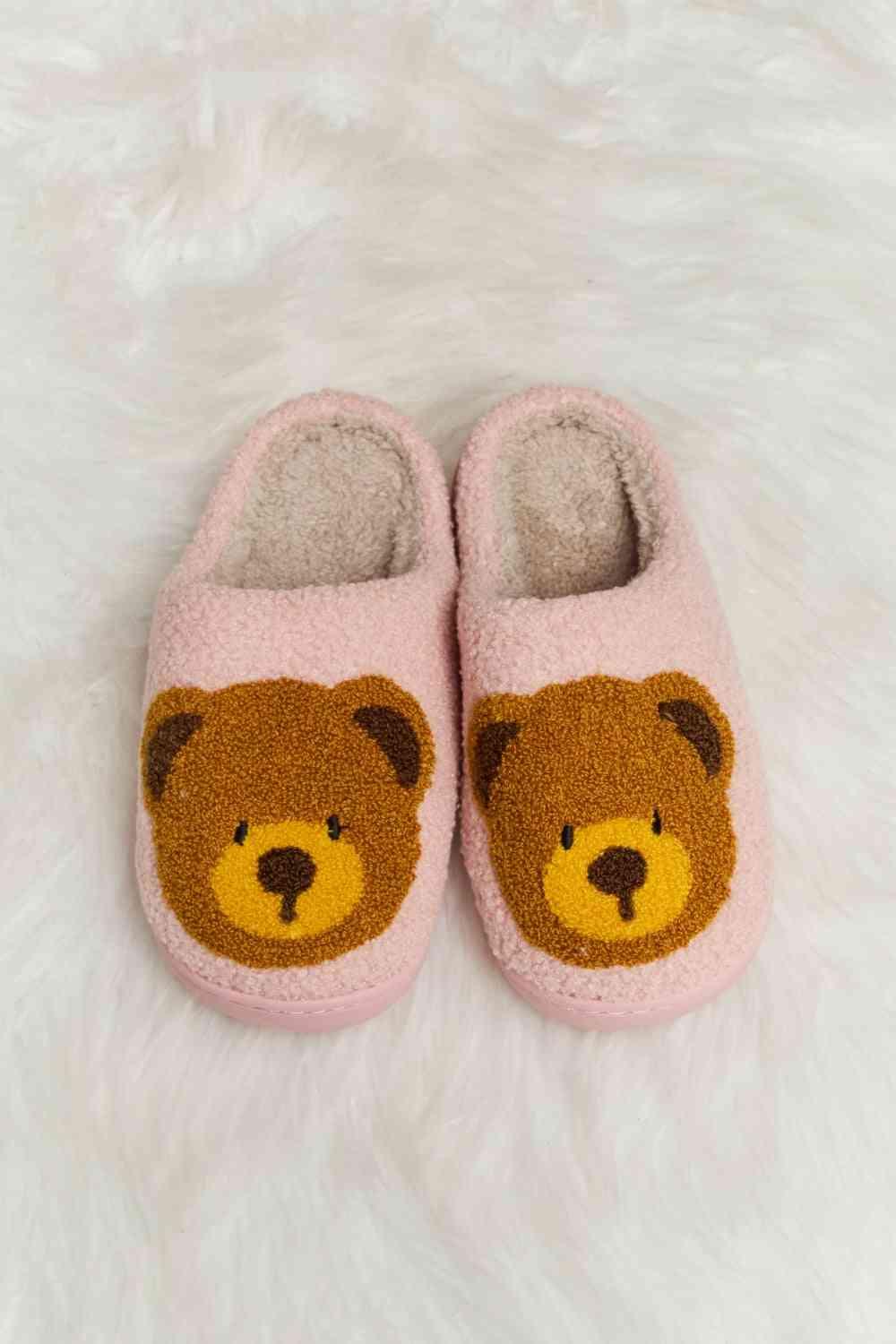 Melody Teddy Bear Print Plush Slide Slippers - Browngold Fashion