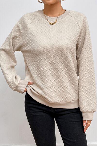 Texture Round Neck Long Sleeve Sweatshirt - Browngold Fashion