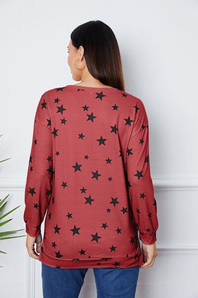 Star Print Round Neck Dropped Shoulder Sweatshirt - Browngold Fashion