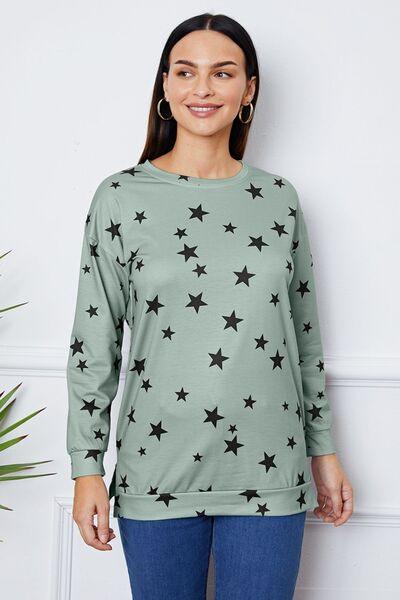 Star Print Round Neck Dropped Shoulder Sweatshirt - Browngold Fashion