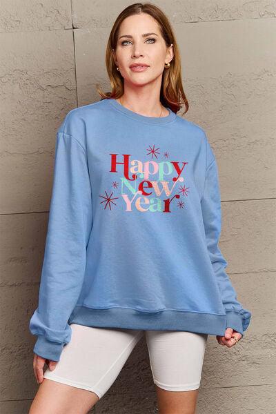 Simply Love Full Size HAPPY NEW YEAR Round Neck Sweatshirt - Browngold Fashion