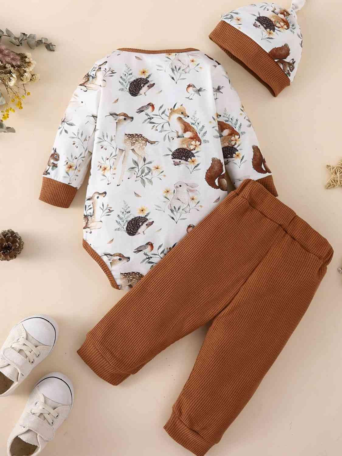 Baby Printed Bodysuit and Waffle-Knit Joggers Set - Browngold Fashion