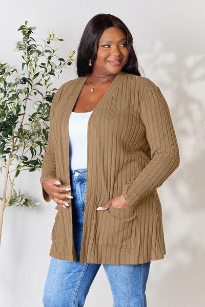 Basic Bae Full Size Ribbed Open Front Cardigan with Pockets - Browngold Fashion