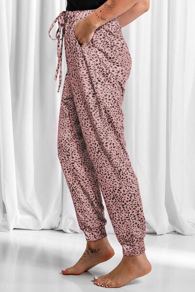 Full Size Leopard Drawstring Pocketed Pants - Browngold Fashion