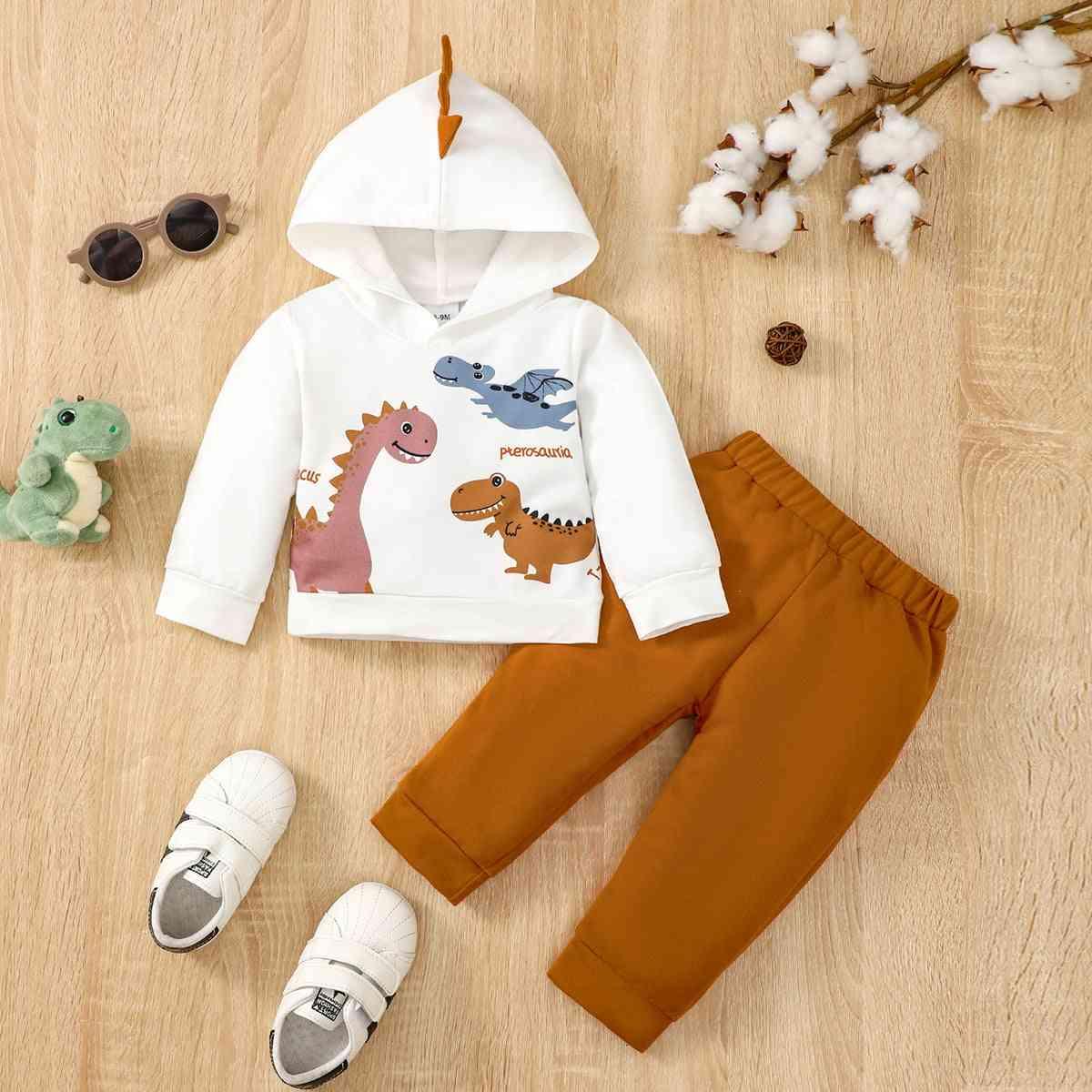 Dinosaur Graphic Hoodie and Pants Set - Browngold Fashion