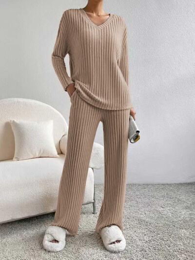 Ribbed V-Neck Long Sleeve Top and Pants Set - Browngold Fashion