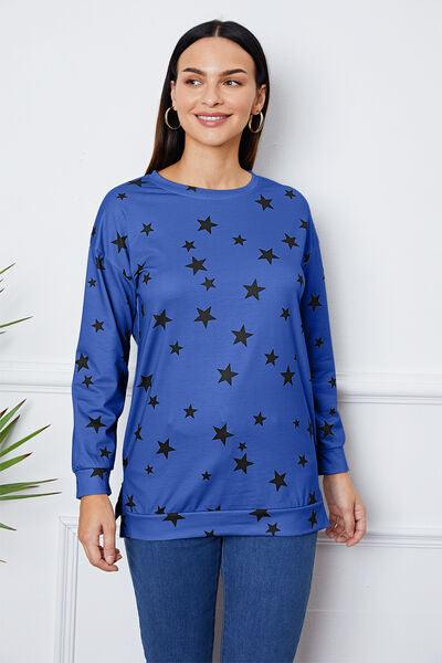 Star Print Round Neck Dropped Shoulder Sweatshirt - Browngold Fashion