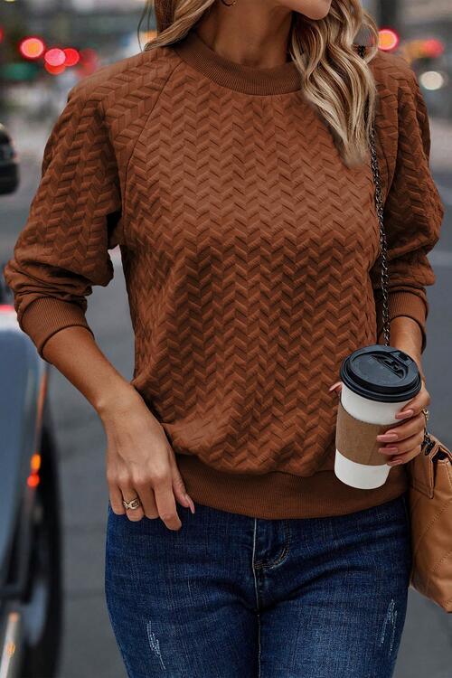 Texture Round Neck Long Sleeve Sweatshirt - Browngold Fashion