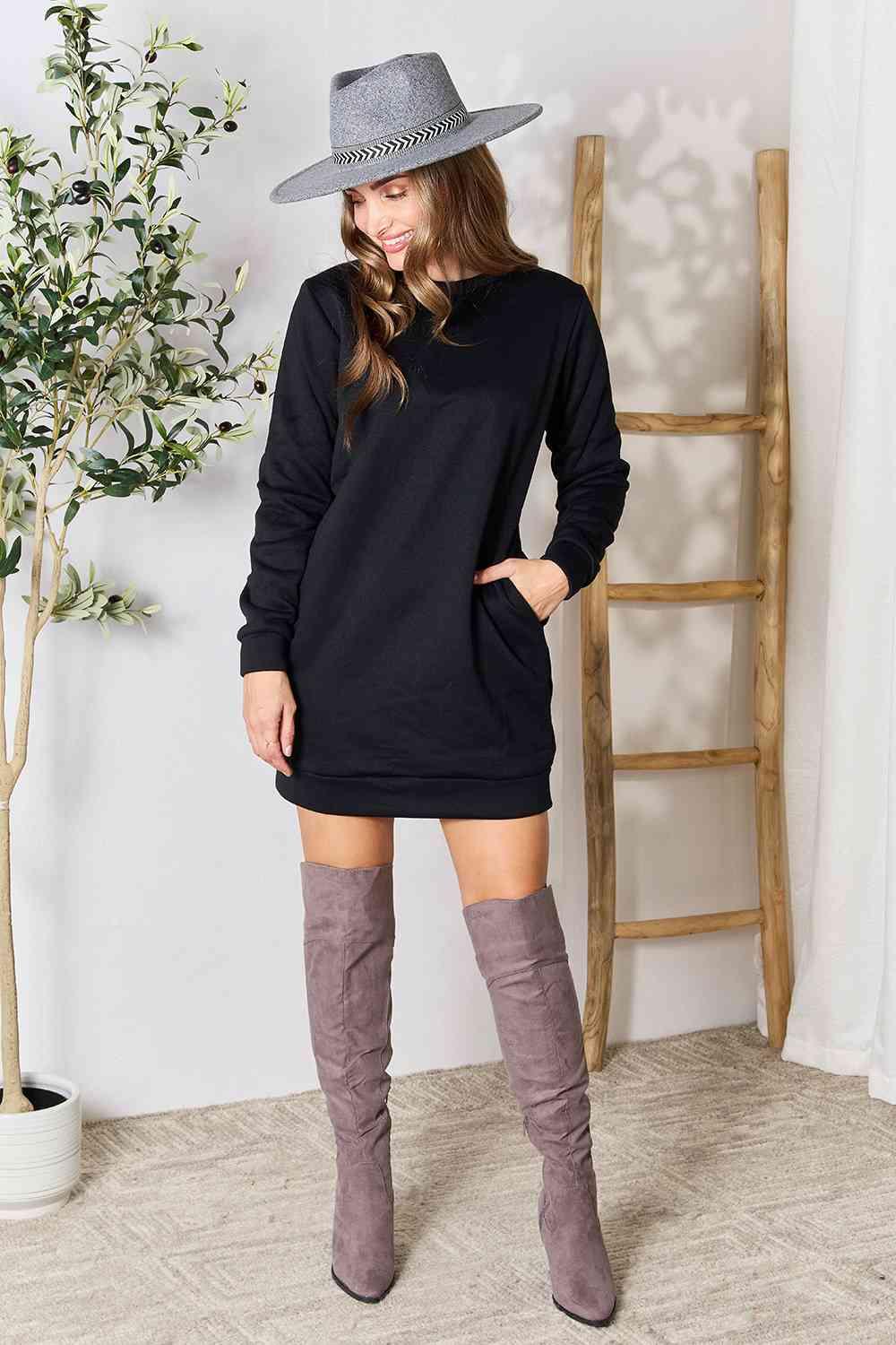 Double Take Round Neck Long Sleeve Mini Dress with Pockets - Browngold Fashion