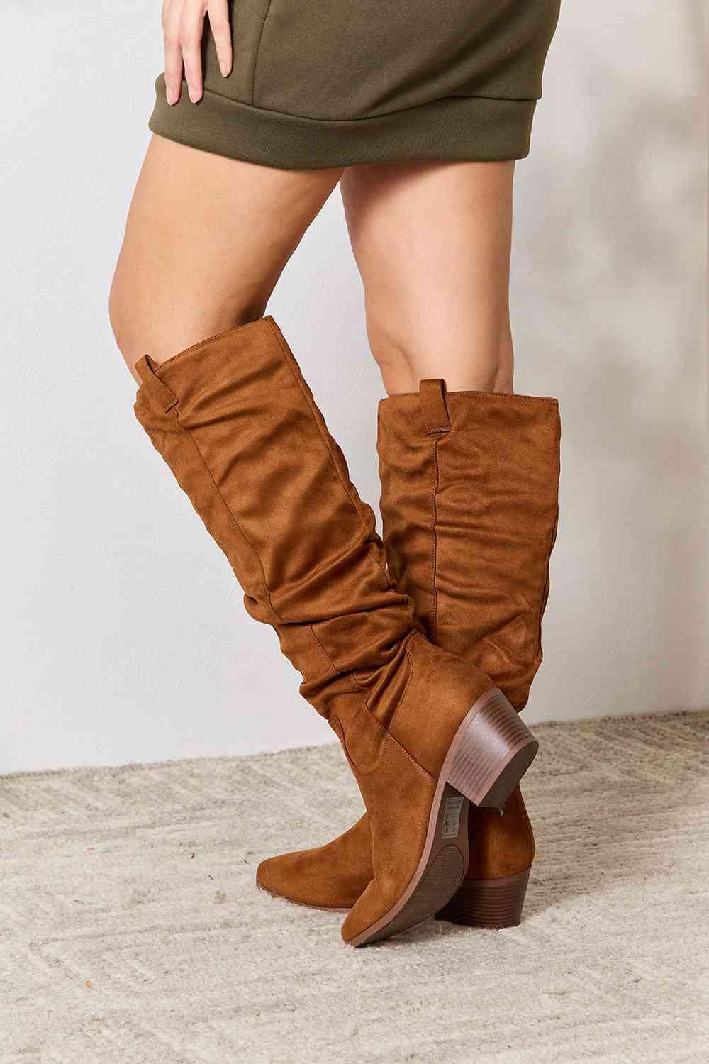 East Lion Corp Block Heel Knee High Boots - Browngold Fashion