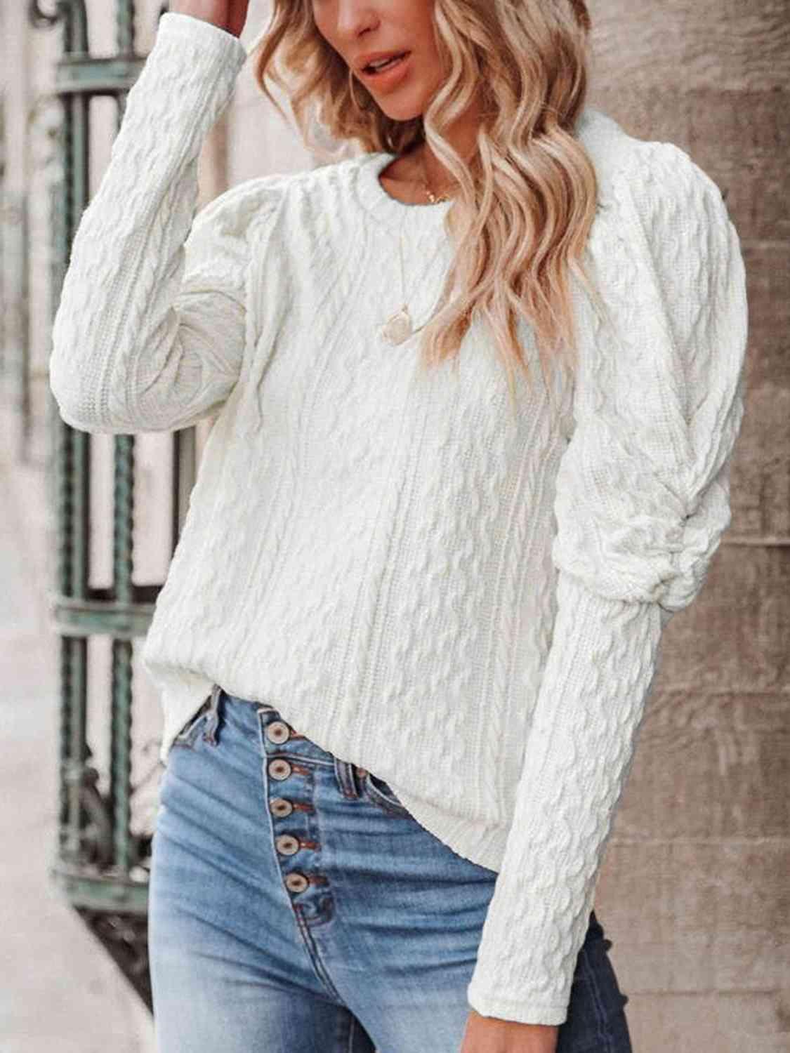 Round Neck Puff Sleeve Knit Top - Browngold Fashion