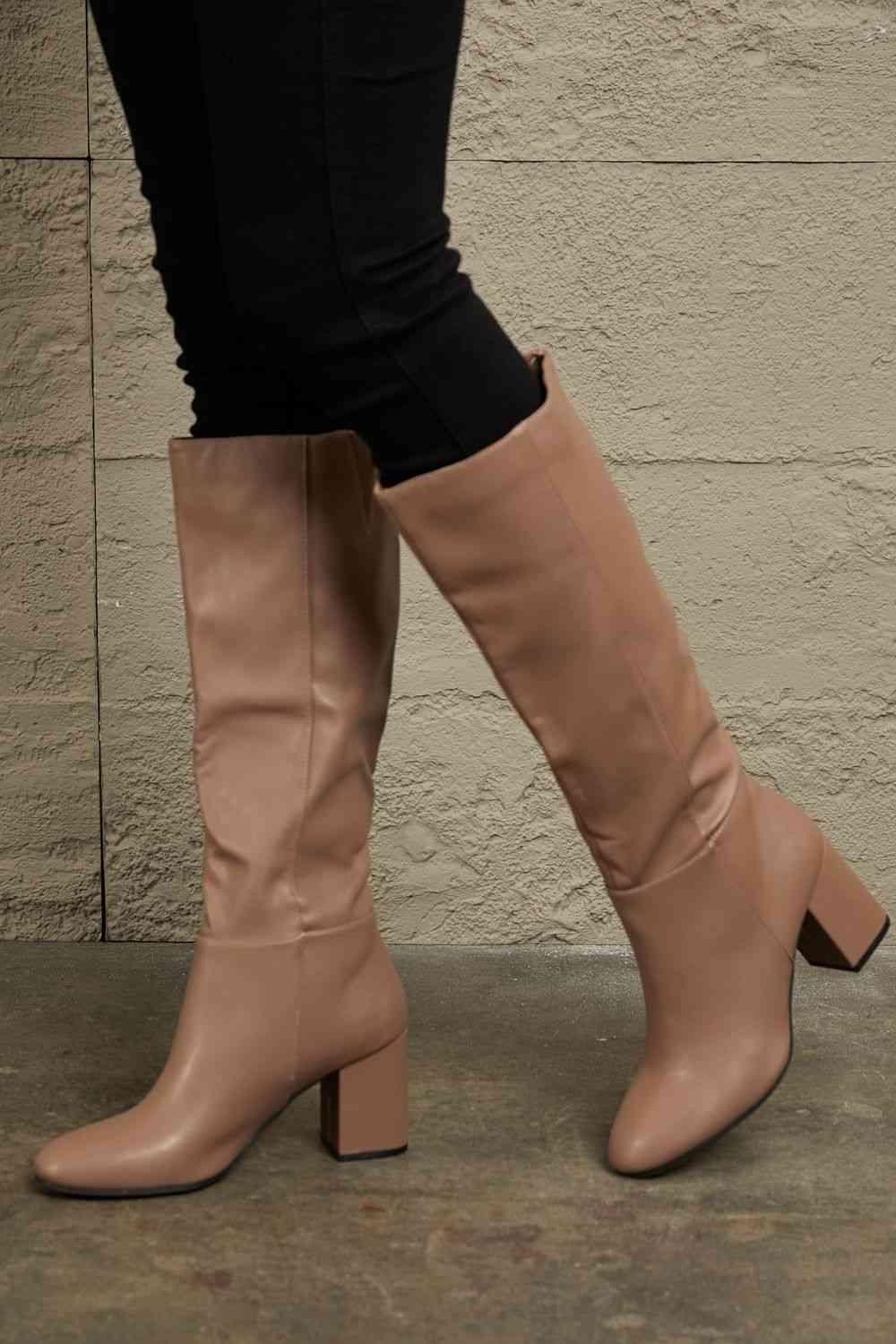 East Lion Corp Block Heel Knee High Boots - Browngold Fashion