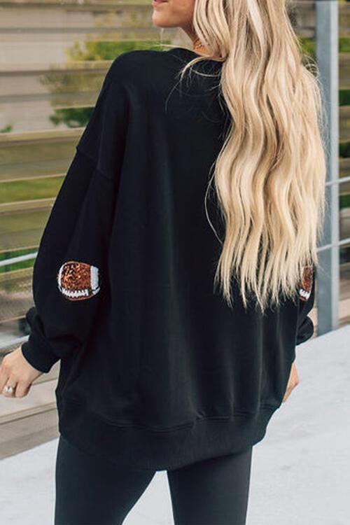 Football Sequin Patch Long Sleeve Sweatshirt - Browngold Fashion