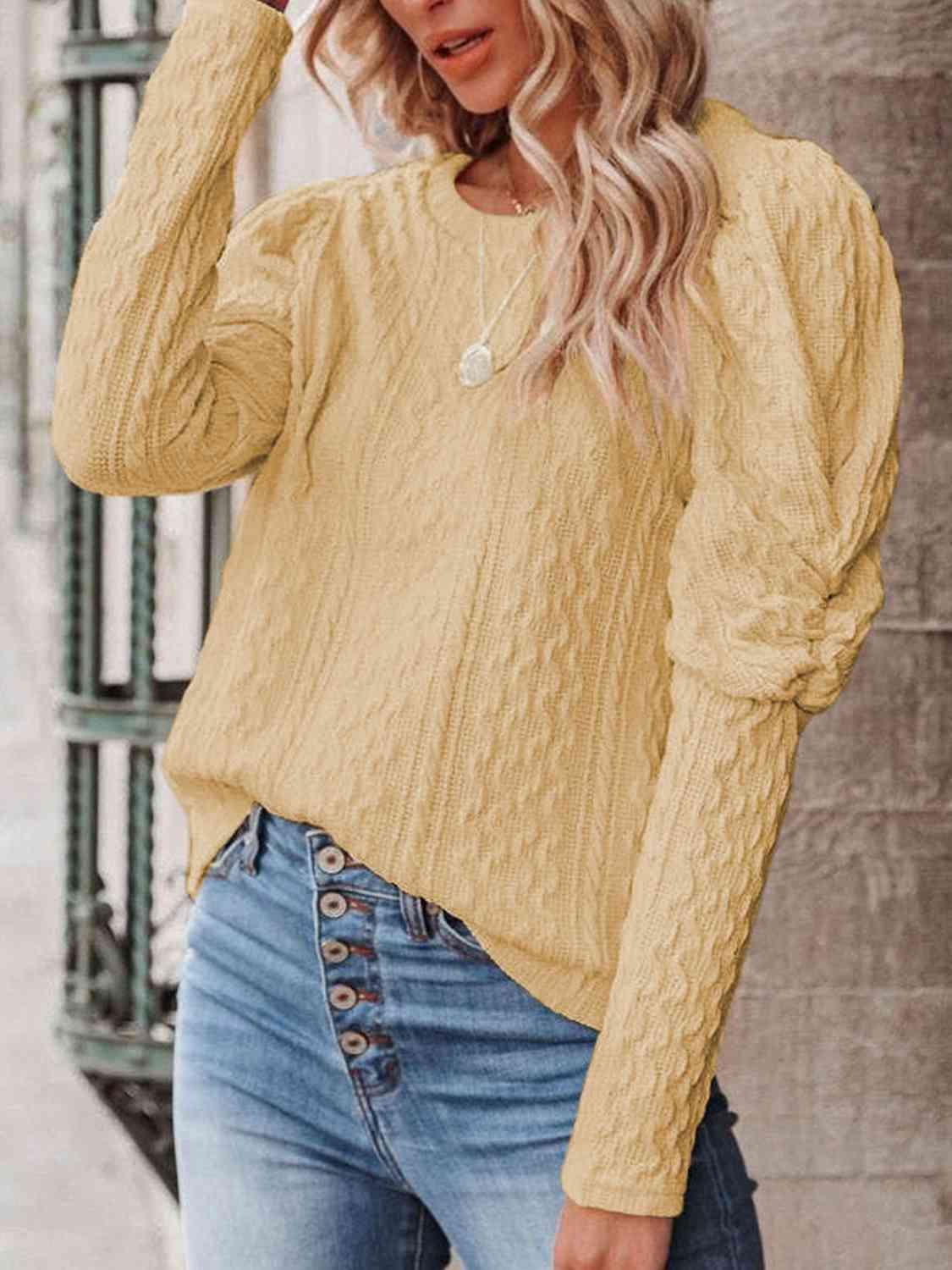 Round Neck Puff Sleeve Knit Top - Browngold Fashion