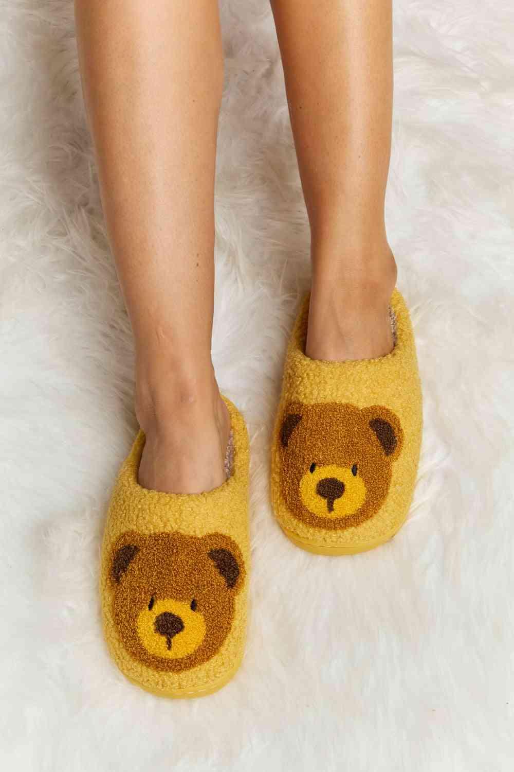 Melody Teddy Bear Print Plush Slide Slippers - Browngold Fashion