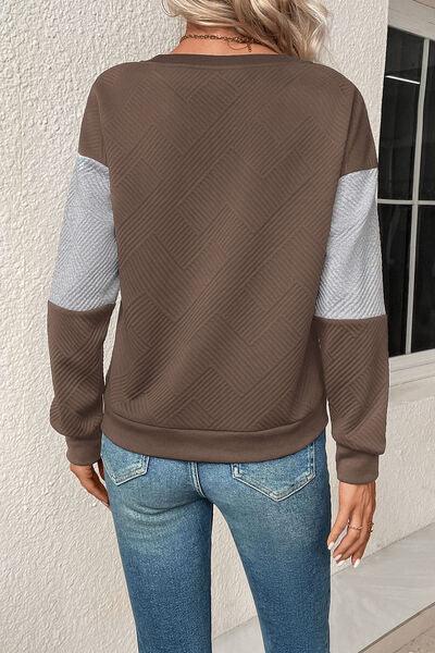 Textured Color Block Round Neck Sweatshirt - Browngold Fashion