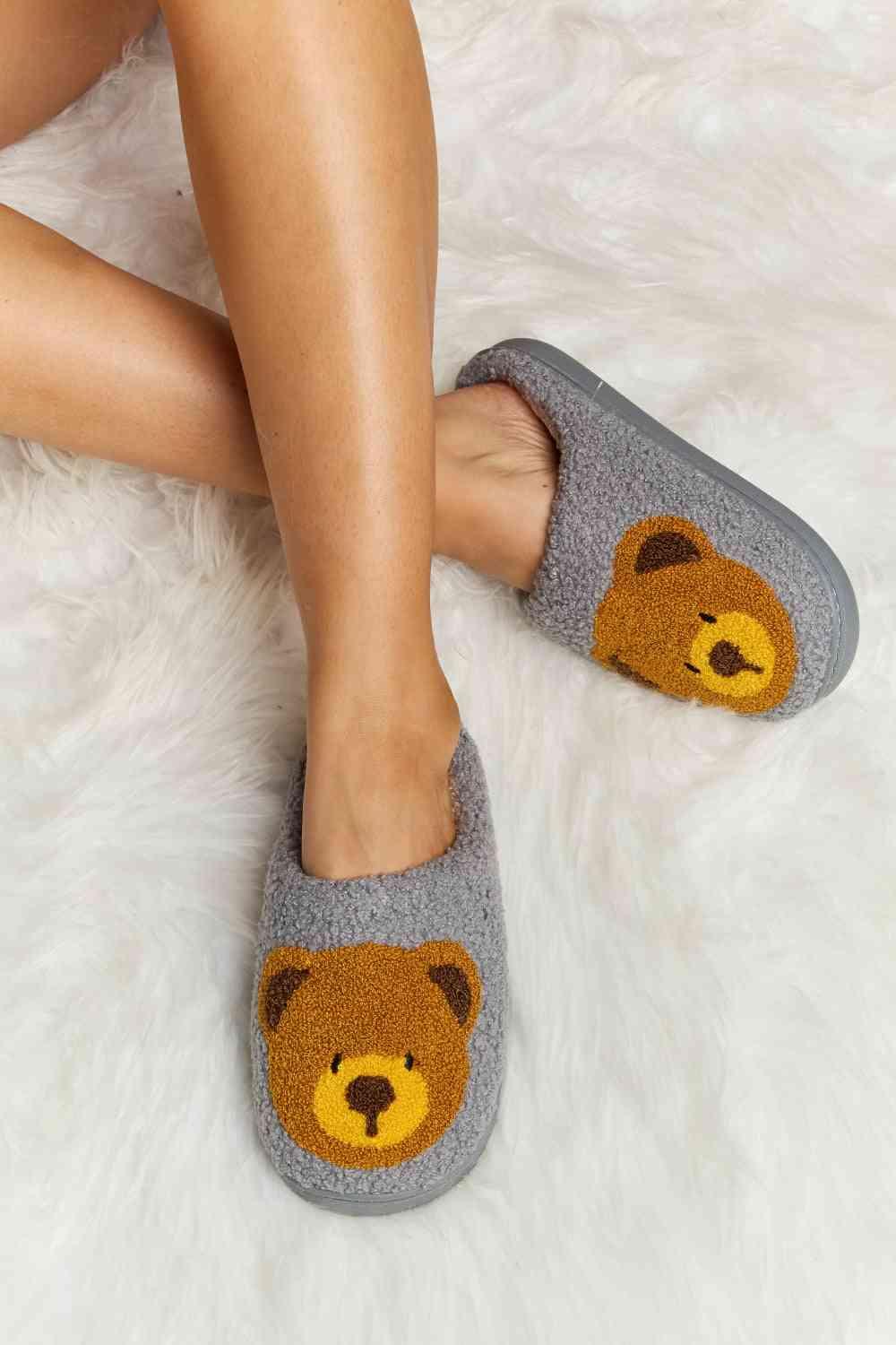 Melody Teddy Bear Print Plush Slide Slippers - Browngold Fashion