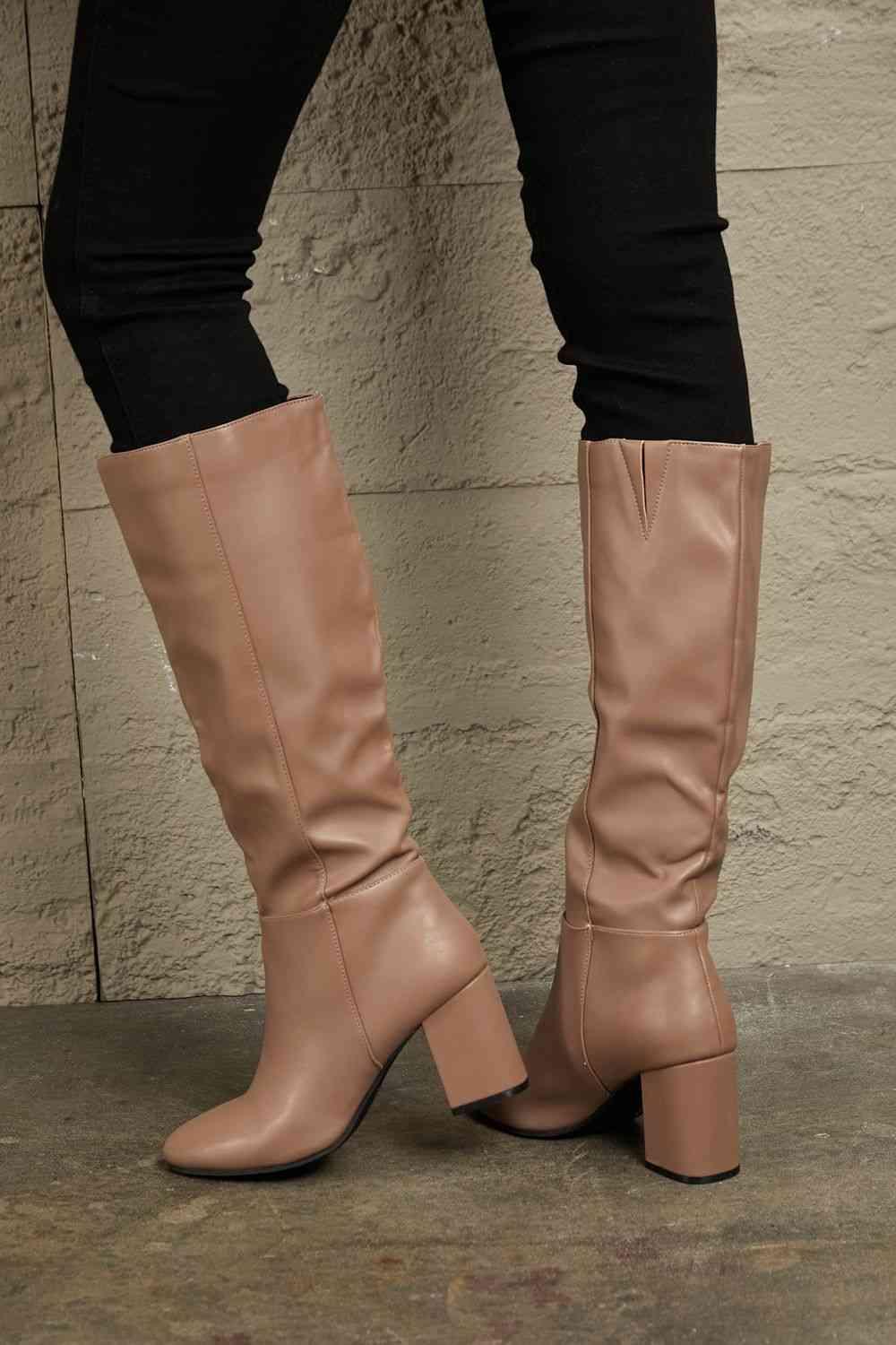 East Lion Corp Block Heel Knee High Boots - Browngold Fashion