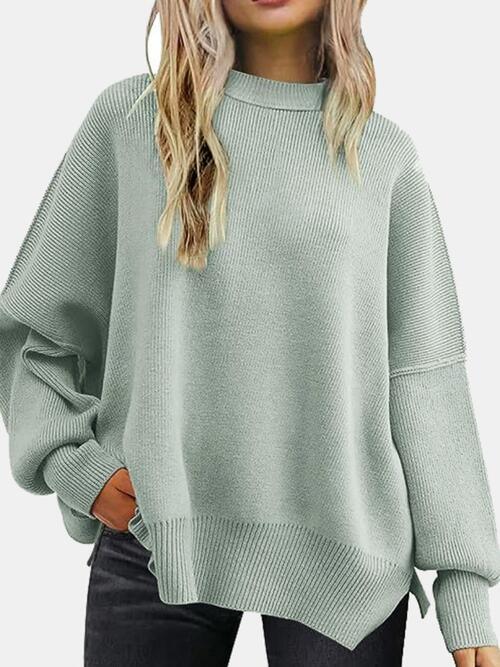 Round Neck Drop Shoulder Slit Sweater - Browngold Fashion