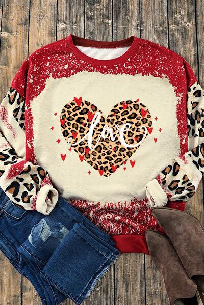 LOVE Heart Leopard Round Neck Sweatshirt - Browngold Fashion