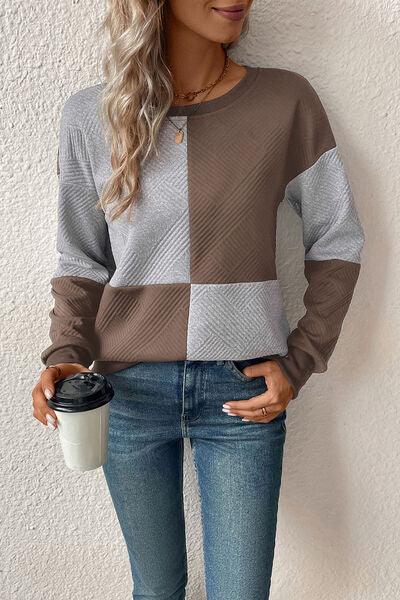 Textured Color Block Round Neck Sweatshirt - Browngold Fashion