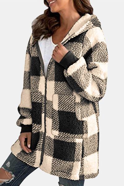 Double Take Full Size Plaid Long Sleeve Hooded Coat - Browngold Fashion