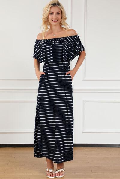 Striped Off-Shoulder Slit Dress - Browngold Fashion