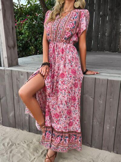 Floral Slit V-Neck Maxi Dress - Browngold Fashion