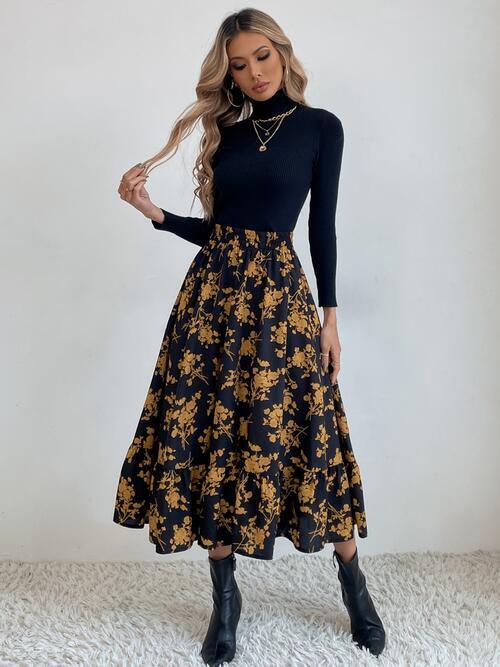 Printed Ruffle Hem Midi Skirt - Browngold Fashion