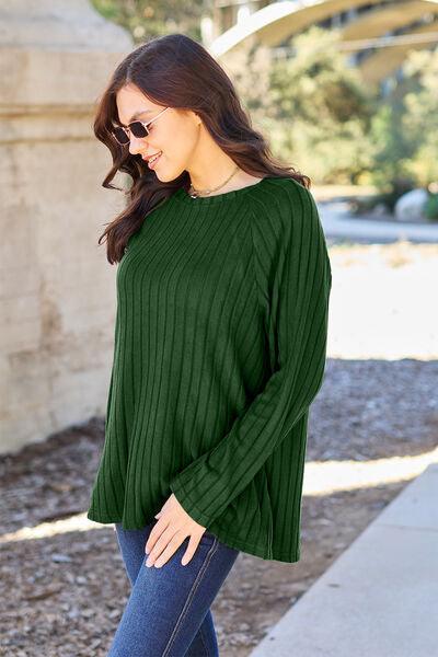 Basic Bae Full Size Ribbed Round Neck Long Sleeve Knit Top - Browngold Fashion