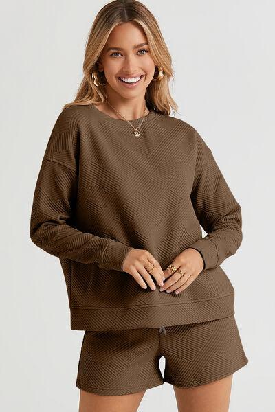 Double Take Full Size Texture Long Sleeve Top and Drawstring Shorts Set - Browngold Fashion