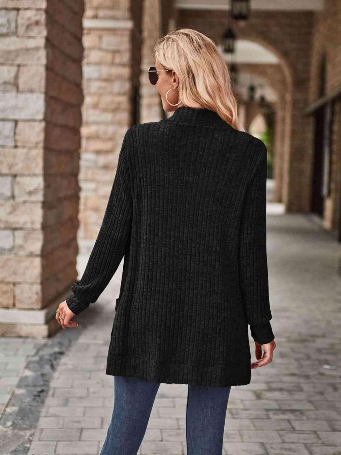 Open Front Cardigan with Pockets - Browngold Fashion